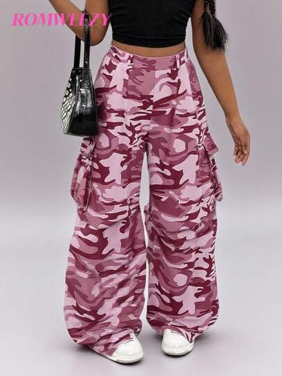 Calça cargo camuflada para meninas adolescentes, perna larga, larga, estilo urbano, adequada para dança, esportes, atividades ao ar livre