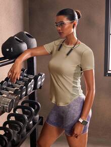 Powerista Camiseta deportiva casual de mujer de unicolor, cuello redondo y manga corta para el gimnasio - Caqui - Ver 2