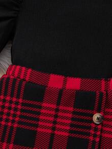 SHEIN 2 件 Babygirl 休闲针织长袖 T 恤和格子松紧腰裙套装 - 彩色 - 查看 6