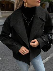 SHEIN PETITE Casual Solid Color Long Sleeve Cropped Jacket For Women - Black - View 5