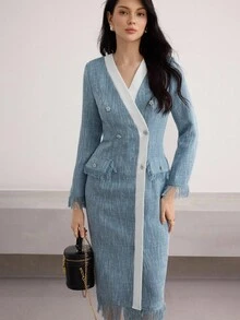Modelyn 女式拼色V领流苏束腰优雅派对连衣裙 - 彩色 - 查看 2