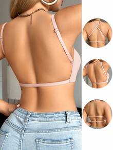 Snug Zone 1pc Casual Minimalist Solid Color Deep V-Neck Thin Strap Backless Women Bra - Pink - View 3