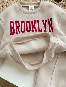 SHEIN 2pcs Baby Girl Cute Grey Letter Print Long Sleeve Sweatshirt And Pants Set, Autumn/Winter Fall - Apricot - View 8