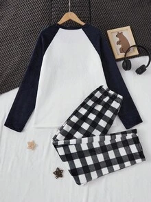 2pcs Teenage Boys Plush Flannel Pajama Set, Panda Embroidery Round Neck Long Sleeve Top And Casual Plaid Flannel Straight Leg Pants, Comfortable Loungewear For Autumn/Winter Fall - Black and White - View 2