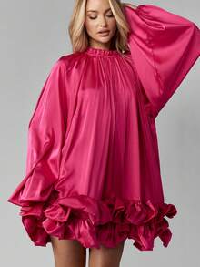 MISSGUIDED Volume Mini Dress Ruffle Hem High Neck Satin Elegant Party Occasion Statement Balloon Sleeve Gathered Holiday Fall Winter - Hot Pink - View 3