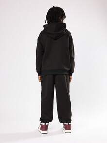 SUMWON Youth Boys Sporty Two Piece Outfit Side Stripe Hoodie Sweatpants Set With Centre Pocket Drawstring For School Daily Casual Wear Fall Winter - Black - View 2