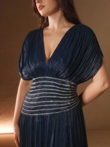 Anewsta Vestido Longo Mulheres Plus Size Decote em V Manga Curta com Contas, Corrente, Franzido na Cintura, Costas Abertas e Amarração, Elegante e Sofisticado, Adequado para Outono, Festas, Casamentos, Ano Novo