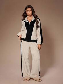 Lazeform Women's Plush Colorblock Zip-Up Collar Long Sleeve & Pants Pajama Set, Winter Jogger Sets For Women Comfy Sets Women Cozy Sets Women Lounge Wear Women Set Western Pajama Set Outfit, Fall Clothes
