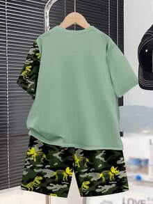 SHEIN 2 件套青少年男童休闲简约圆领短袖衬衫和短裤套装，夏季 - 白色 - 查看 2