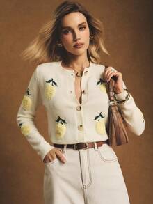 Poéselle Women's Fruit Pattern Long Sleeve Single-Breasted Casual Knit Cardigan, Autumn,Fall - Beige - View 5