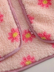 SHEIN Elladie kids Young Girl Casual Cute Stand Collar Zipper Faux Pocket Floral Pattern Furry Jacket, Autumn/Winter Fall Kids Winter Jacket Girls Autumn Winter Clothes Little Girl Jacket Elegant Fleece Jacket Coat For Girls Fleece Jacket For Girls - Pink - View 6