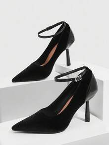 CUCCOO SZL 女士时尚酒红色油性皮革环绕踝带尖头细高跟鞋，适合通勤、约会、派对、婚礼、度假 - 黑色 - 查看 9