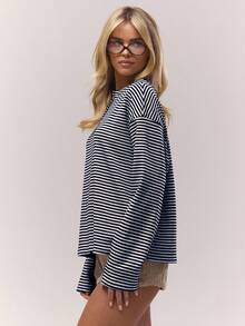 MUSERA Long Sleeve Striped Button Down Oversized T-Shirt Old Money Cute Country Cottage Core Casual Lounge Top For Women Butterscotch Spring Summer Holiday - Navy Blue - View 3