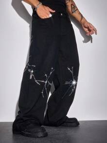ROMWE MEN Street Life Men's Rhinestone Embellished Pocket Wide Leg Loose Casual Jeans, Grunge - Black - View 10