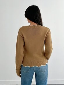 SHEIN Tall V Neck Casual Contrast Binding Detailed Sweater,Jumper,Cream Jumper,Jumpers For Women,Jumpers,Black Jumper,Womens Jumper,White Jumper,Women's Jumper,Women's Jumpers,Winter Clothes - Coffee Brown - View 2