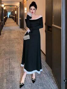 DAZY 女士优雅修身连衣裙，撞色蕾丝拼接露肩长袖礼服，适合舞会、晚宴等场合。 - 黑色 - 查看 4