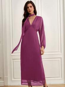 EMERY ROSE Váy dài tay cổ chữ V thanh lịch, tinh tế dành cho nữ, có dây buộc eo, thiết kế nhún bèo và viền xẻ cao, tối giản và sang trọng - Màu tím - Xem 4