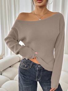 SHEIN SXY Women's Solid Asymmetrical Neckline Casual Long Sleeve Red Sweater Casual Party Elegant Home Sexy Autumn Winter Leisure Christmas Halloween New Year Asymmetrical Top Boat Neck Top Off Shoulder Sweater,Fall Off The Shoulder Long Sleeve,Cozy Fall And Winter Clothes For Women