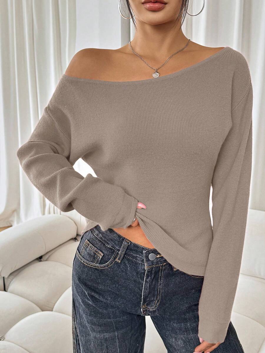 SHEIN SXY Women's Solid Asymmetrical Neckline Casual Long Sleeve Red Sweater Casual Party Elegant Home Sexy Autumn Winter Leisure Christmas Halloween New Year Asymmetrical Top Boat Neck Top Off Shoulder Sweater,Fall Off The Shoulder Long Sleeve,Cozy Fall And Winter Clothes For Women