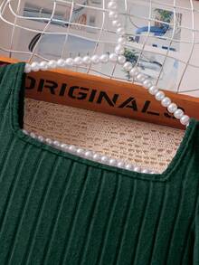 Sparklyn 2pcs/Set Girls Elegant Beaded Knit Ribbed Fluffy Puff Sleeve Top And Simple Knit Pants Casual Outfit, Autumn/Winter - Dark Green - View 7