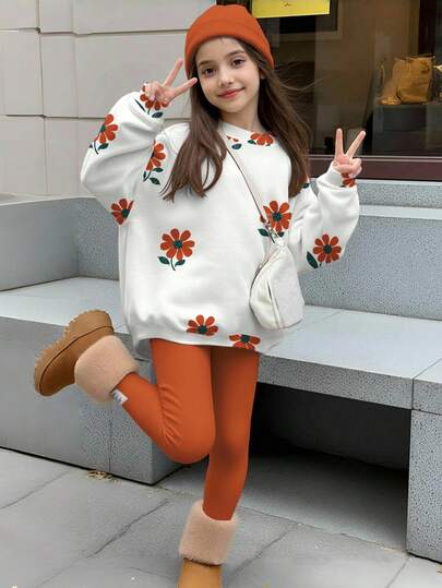 SHEIN 2 Stücke/Set Tween Mädchen Lässig Vintage Blume Muster Rundhals Langarm Sweatshirt und Leggings Set, geeignet für Herbst/Winter