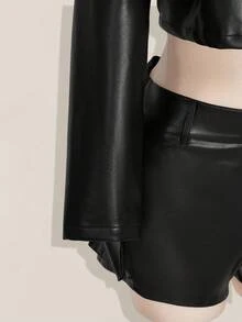 SHEIN ICON 秋季大码女式时尚纯色立领超短夹克 - 黑色 - 查看 7