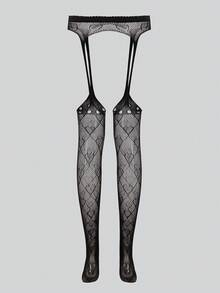 SHEIN 1 Pair Women's Fashionable Sexy Heart Fishnet Stockings - Black - View 2