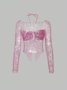 SHEIN Unity Women's Rhinestone Fishnet Cropped Top, Suitable For Bar, Party, Music Festival - Multicolor - View 2