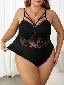 SHEIN CURVE+ 大码女式性感优雅蕾丝拼接紧身衣，适合日常穿着、商务、简约、通勤、优雅、休闲、购物、街头服饰、外出，易于搭配且看起来修身，凸显您的身材，修饰身材 - 黑色 - 查看 8