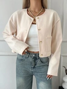 Siren Gaze 女士圆领夹克，休闲街头风格女士夹克，办公室穿着，百搭百搭外套，女士秋冬服装 - 杏色 - 查看 4