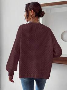 SHEIN LUNE 休闲3D花卉装饰落肩开衫，秋冬 - 酒紅色 - 查看 2