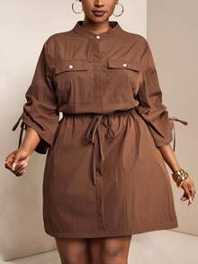 Veslaya Nouvelle robe chemise élégante pour le printemps/été, décontractée et polyvalente pour la navette, les vacances, les sorties et le quotidien. Col montant, manches raglan, taille avec cordon de serrage, poches, en tissu tissé. grande taille. Couleur marron - Tabac - Voir 8