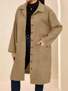 EMERY ROSE 加大码棕色乡村灯芯绒双口袋纽扣门襟中长外套，秋季长款外套，冬季乡村音乐会外套 - 卡其色 - 查看 4