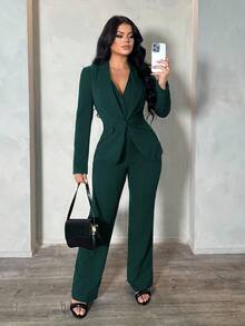 SHEIN SXY 3pcs Set: Sexy Teal Blue Long Sleeve Blazer, Vest And Pants, Suitable For Commuting And Dating, Autumn/Winter Green Set Women Pants Suit Woman Suit Green Pantsuit,Cozy Fall And Winter Clothes For Women Green 2 Piece Set Green Pants Suit - Dark Green - View 4