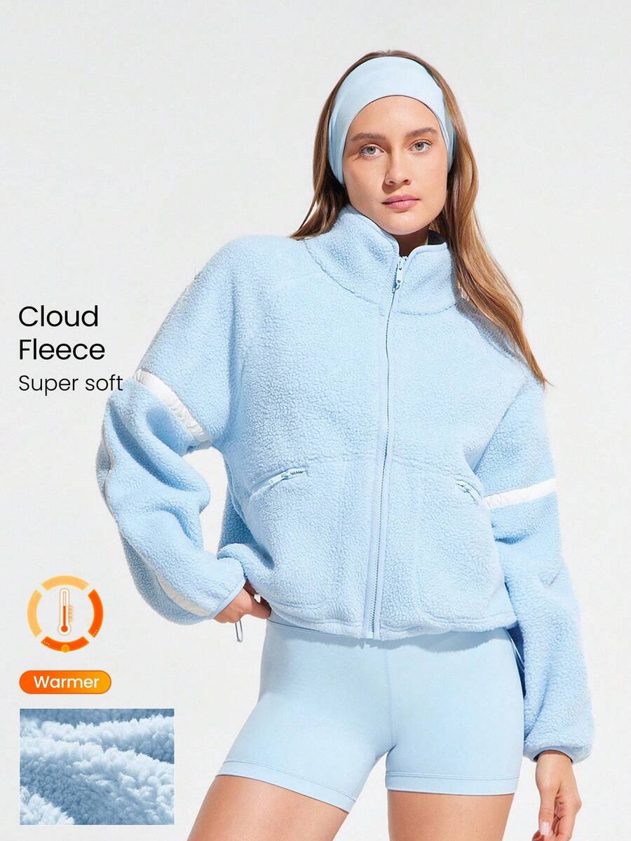 GLOWMODE Chaqueta de forro polar tipo nube, cálida, ligera, con cuello alto, puños elásticos, bolsillos con cremallera, cordón ajustable en la cintura, ajuste relajado y longitud hasta las caderas, para otoño, invierno, uso diario y casual al aire libre