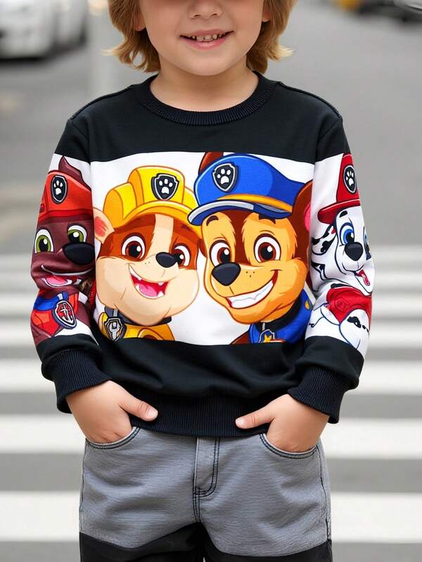 SHEIN | PAW Patrol Bluza z dzianiny dla chłopców w czarno-białe bloki kolorów z nadrukiem szczeniaka i luźnym okrągłym dekoltem