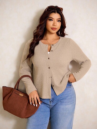 Elaquor Plus Size Women's Solid Color Long Sleeve Single-Breasted Casual T-Shirt Brown Outfits For Women Women Casual Outfits