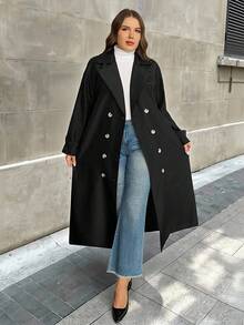 Firerie Plus Size Casual Solid Color Double-Breasted Windbreaker, Autumn Halloween Plus Size Fall Winter/Spring And Autumn Long-Sleeved Straight Double-Breasted Trench Coat With Pockets / Office Lady's Daily Wear Thin Coat / Suit Collar Contrast Button Coat