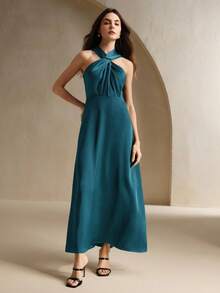 Anewsta 优雅交叉前无袖连衣裙，适合城市度假 - 藍色 - 查看 5