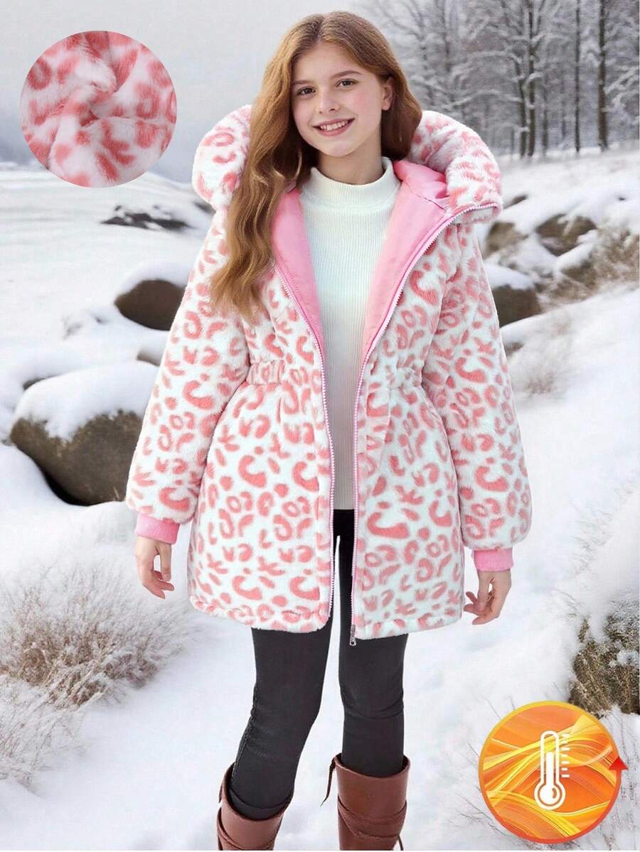 SHEIN 1pc Girls Reversible Leopard Print Fluffy Long Sleeve Windbreaker Jacket, Suitable For Autumn/Winter Fall - Pink - View 1