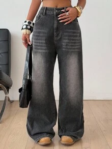 DAZY Jeans anchos de mujer con efecto desgastado y lavado vintage, con forro polar grueso, estilo vaquero occidental, para otoño/invierno