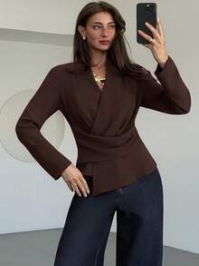 Aloruh 女士优雅通勤纯色裹身不对称下摆衬衫 - 咖啡棕 - 查看 7