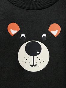 SHEIN 新生儿休闲可爱熊印花上衣和裤子套装 - 黑色 - 查看 5