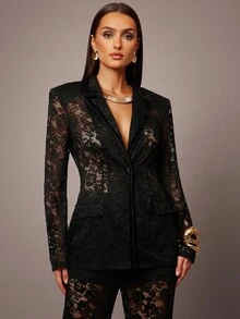 Silquee Fall Women's Clothing, Commuter Fashion, Fall Women's Clothing, Fall Essentials, Women's Lapel, Long-Sleeved Lace See-Through Slim Fit, Elegant Black Blazer, Women's Lace Jacket, Women's Black Blazer - Black - View 1