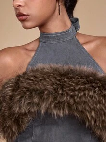 ROMWE Grunge Punk Women's Y2K Suede Patchwork Faux Fur Collar Vintage Distressed Top - Dark Grey - View 2