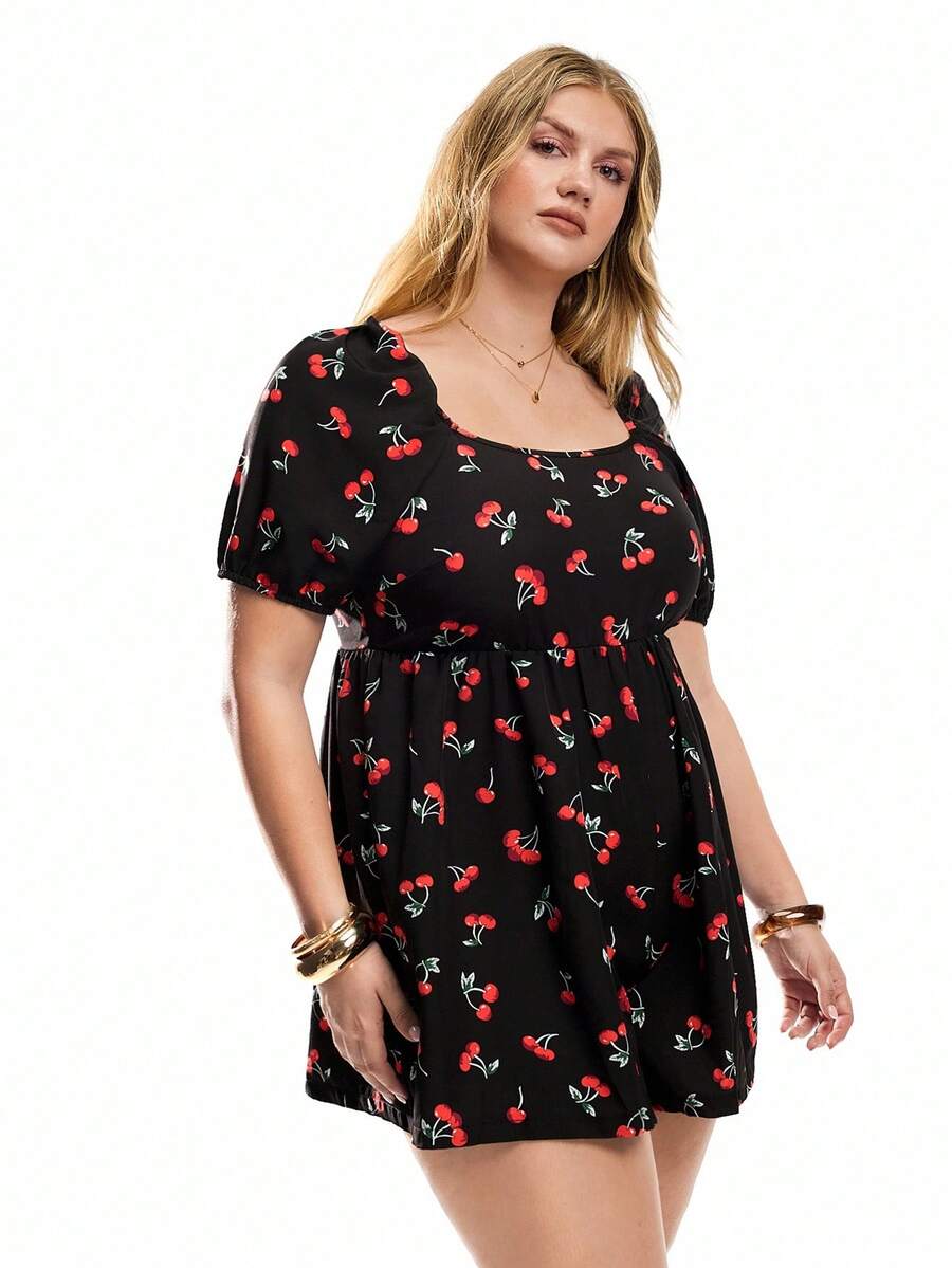 Solavibe Plus Size Women's Square Neck Short Sleeve Cherry Print Playsuit, Spring/Summer - Multicolor - View 1