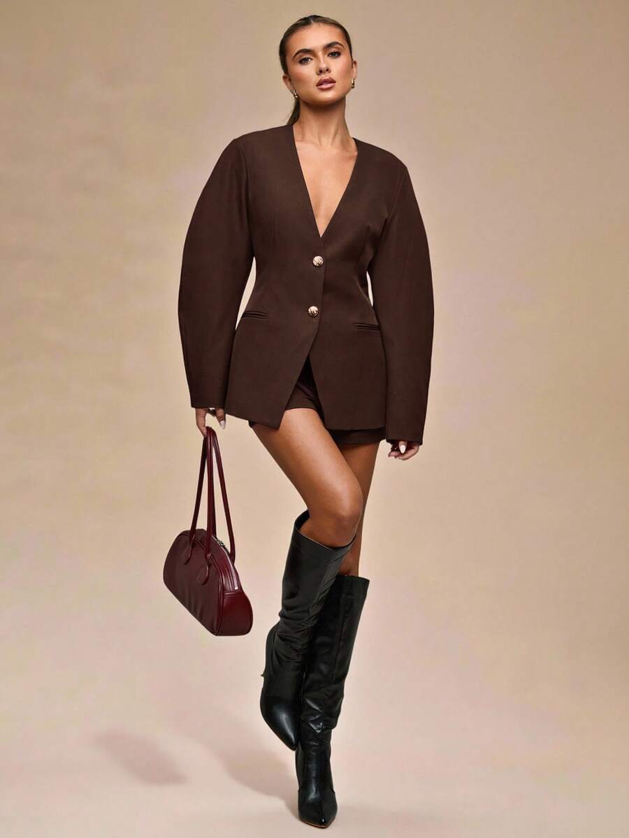 SHEIN BAE Women's Solid Color Waist Cinched Blazer, Suitable For Work - Chocolate Brown - View 1