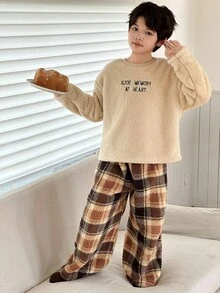 DAZY 两件套男童抓绒圆领字母刺绣卫衣和长裤家居服套装，秋冬款 - 卡其色 - 查看 2