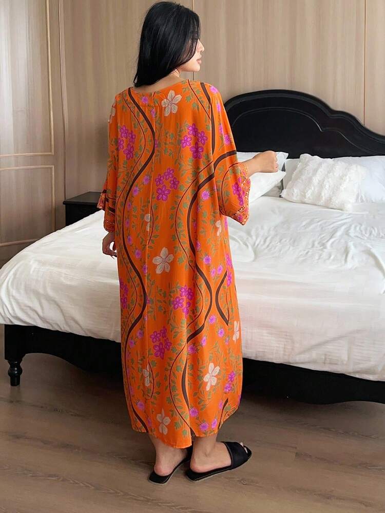 Dazy Plus Plus Size Women's Floral Print V-Neck Loose Batwing Sleeve Early Autumn Nightgown, Moo Moo Night Dress