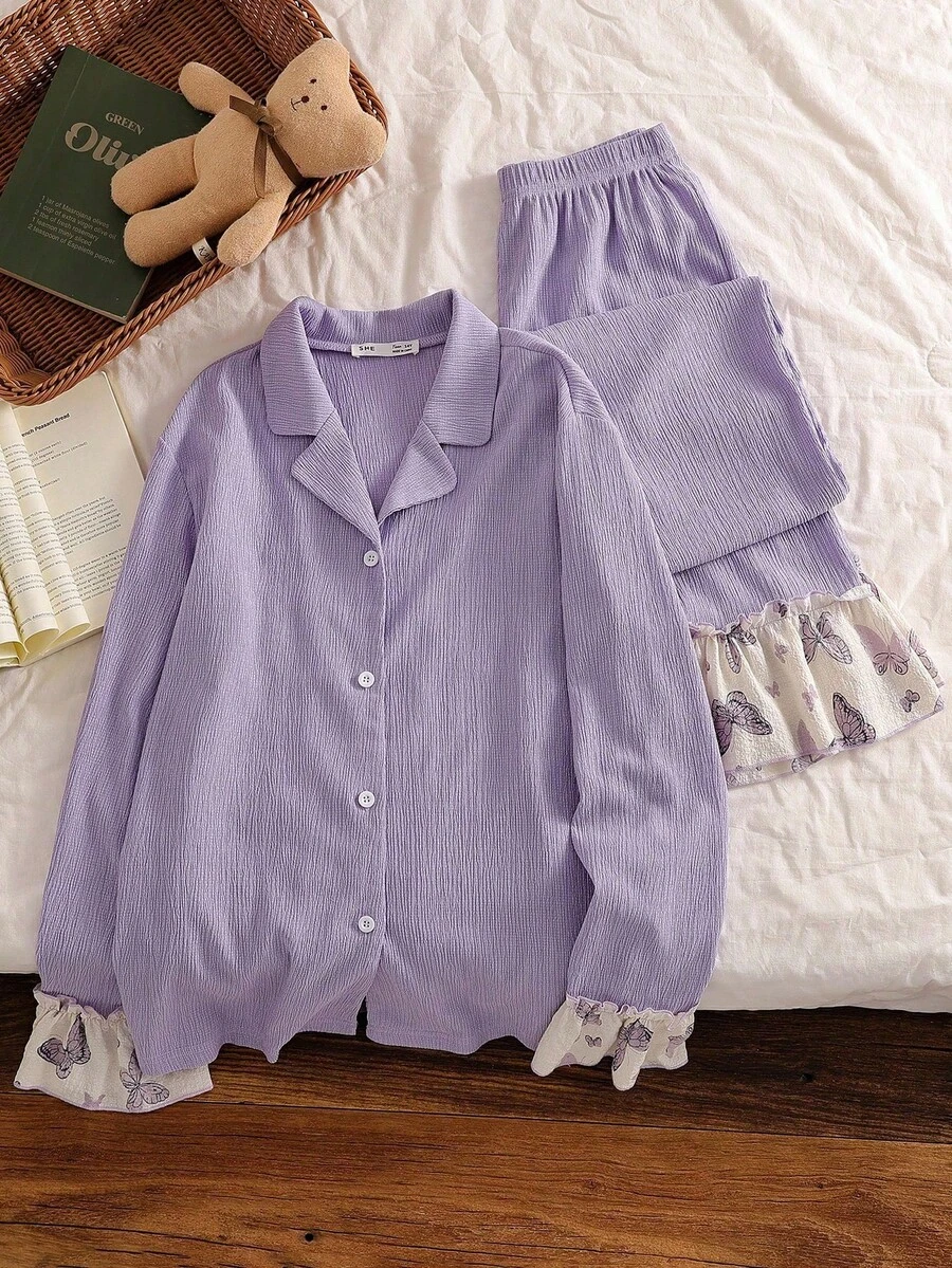 2 Stücke/Set Teenager Mädchen Casual einfarbig Patchwork Schmetterling Muster Langarm Top und Hose Pyjama Set